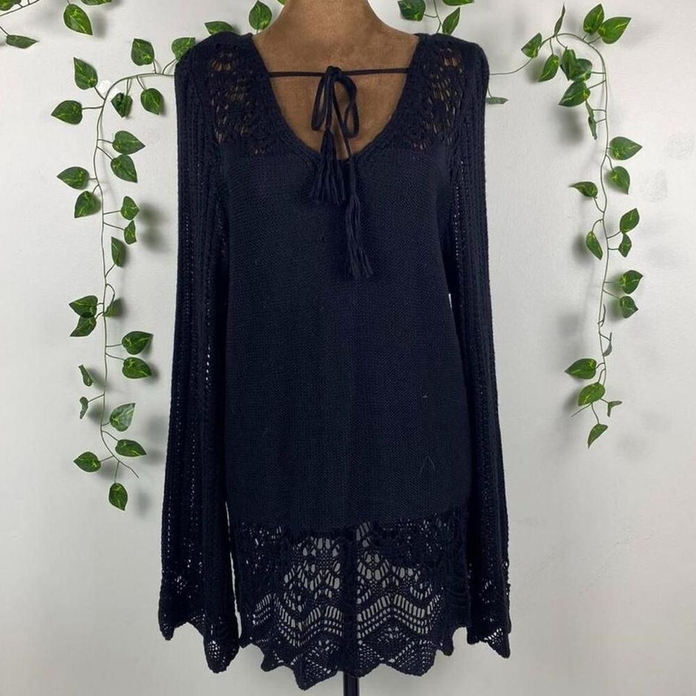 All @ Once Black crochet knit sweater bell sleeve witchy whimsigoth dark fairy
